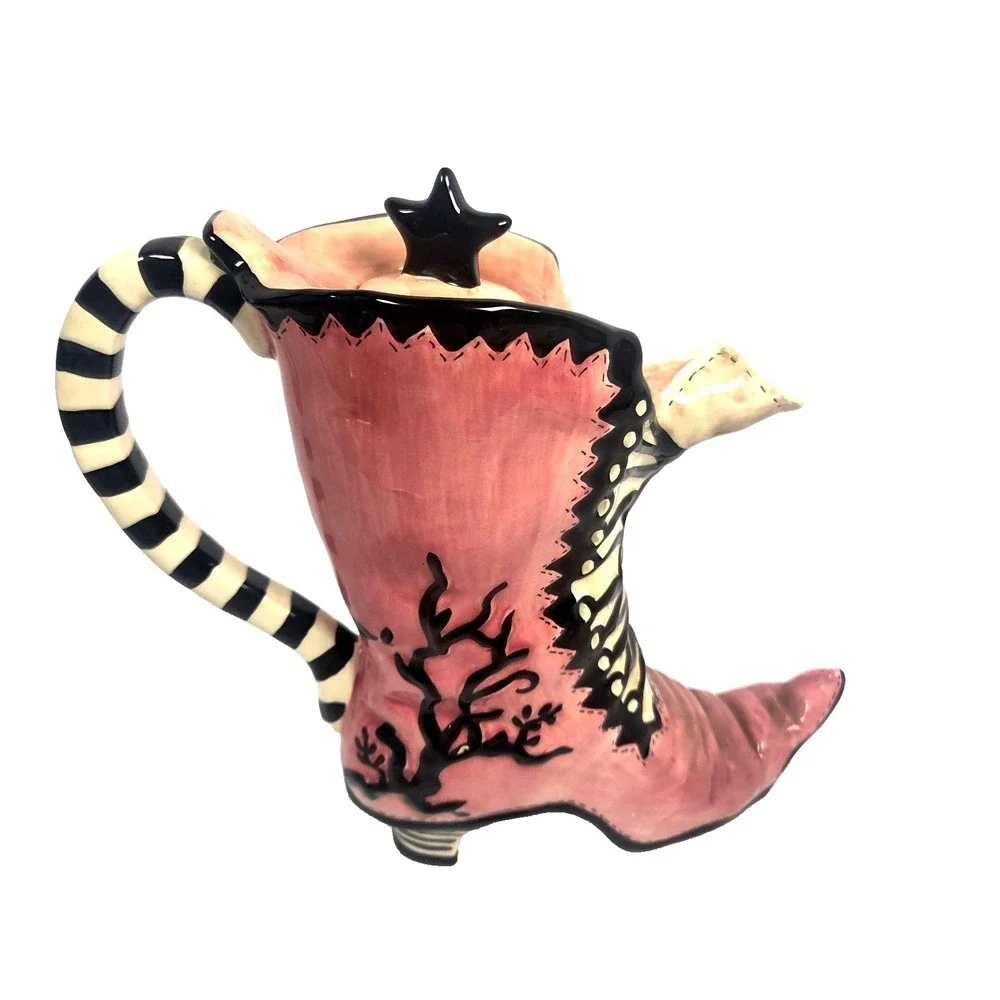 Blue Sky Clayworks Witch Boot Teapot Heather Goldminc Pink Black Halloween NEW